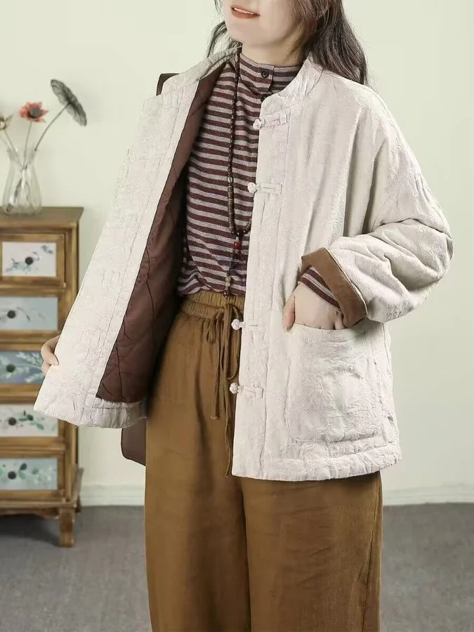

New Retro Chinese Sle Loose Fit Cotton Jaet Women's Winter Coat with Button Stand Collar Embroidered Design Versatile Out...