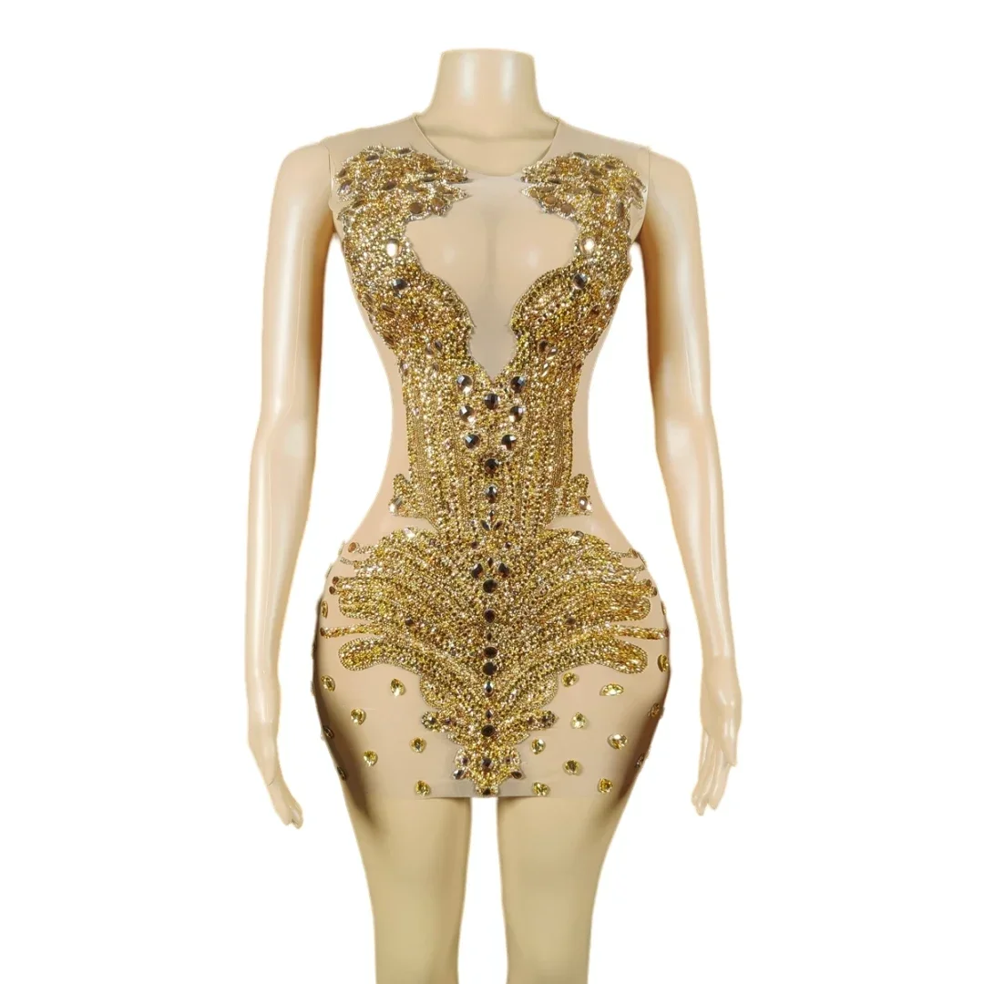 

Stunning See Through Sexy Dress For Women Gold Sleeveless Stretch Mesh Birthday Queen Outfit Singer Performance Stage Wear
