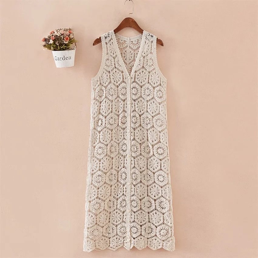 

2024 Fashion Women Knitted Vest Elegant Lady Hollow Out Vests Big Size Female Sleeveless Lace Coats Jackets Outwear Midi WZ2362