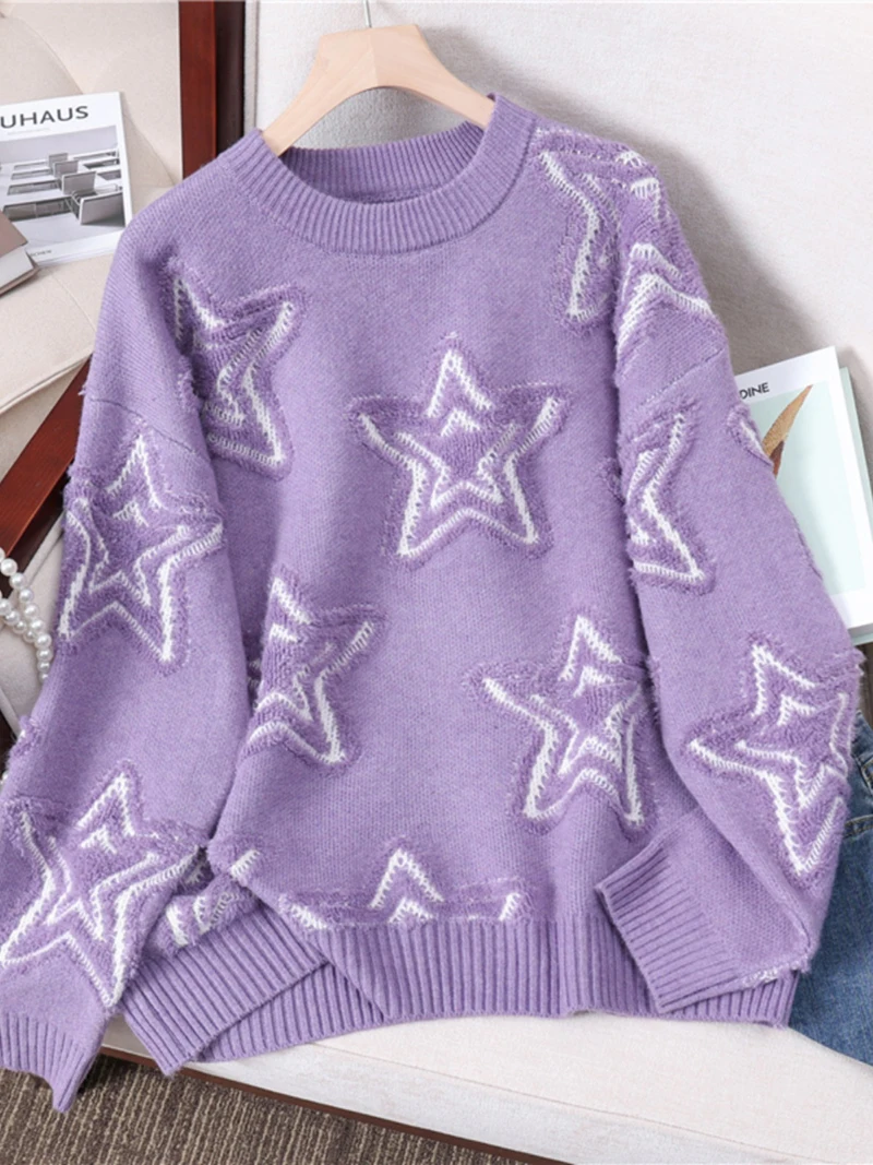 New autumn and winter outerwear fashion loose embroidered star round neck sweater women lazy style thickened knitted top