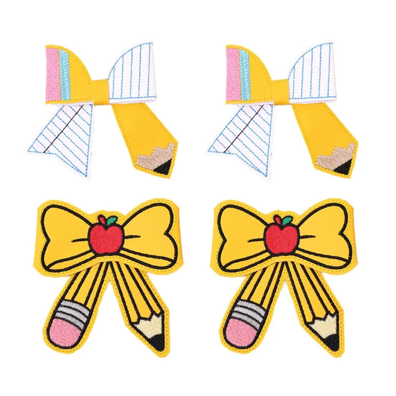 24pc Leather Hair Clips for Girls Crayon Pencil Print Bow Hairpin Embroidery Barrette Kid's Hair Accessories for Back to School