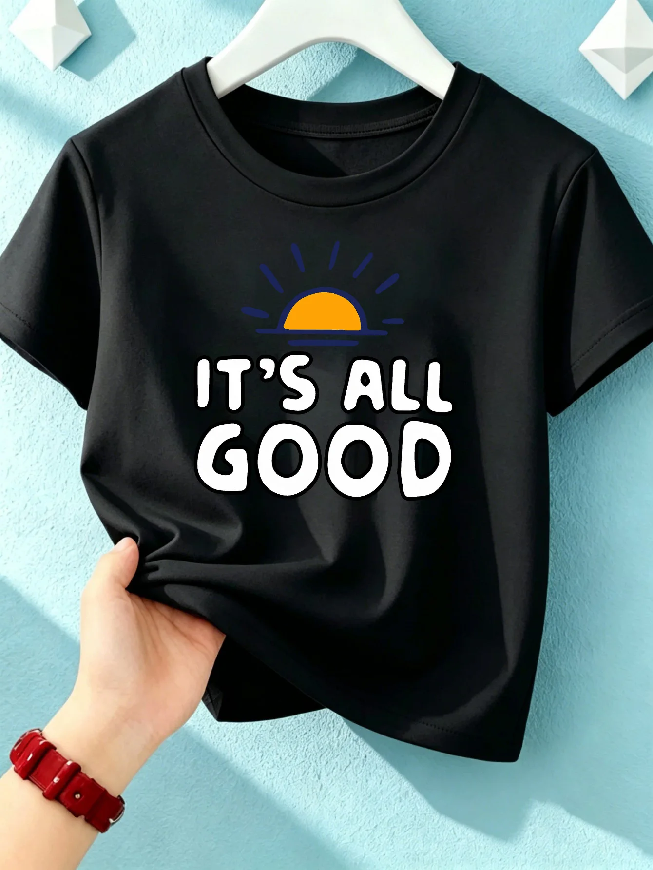 Sun Slogan It's All Good Print Boys Girls Short Sleeve Tee Parent Match Soft Cotton Kids Positive Daily Casual Fashion T Shirts