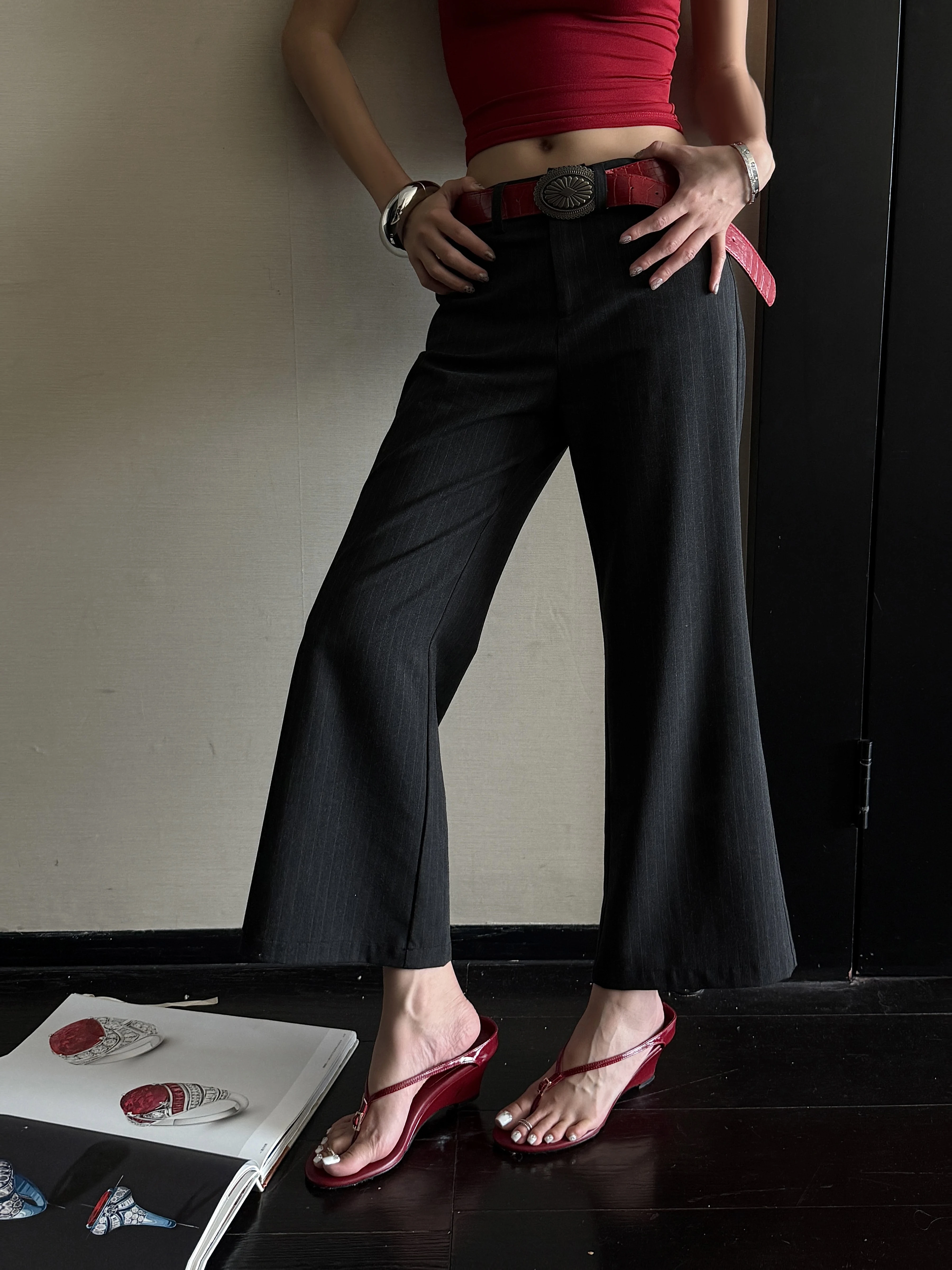 Stylish Commute Micro Flared Pants Women's Summer New Slimming Nine Points Casual Trousers Low Waist Zipper Polyester Fiber