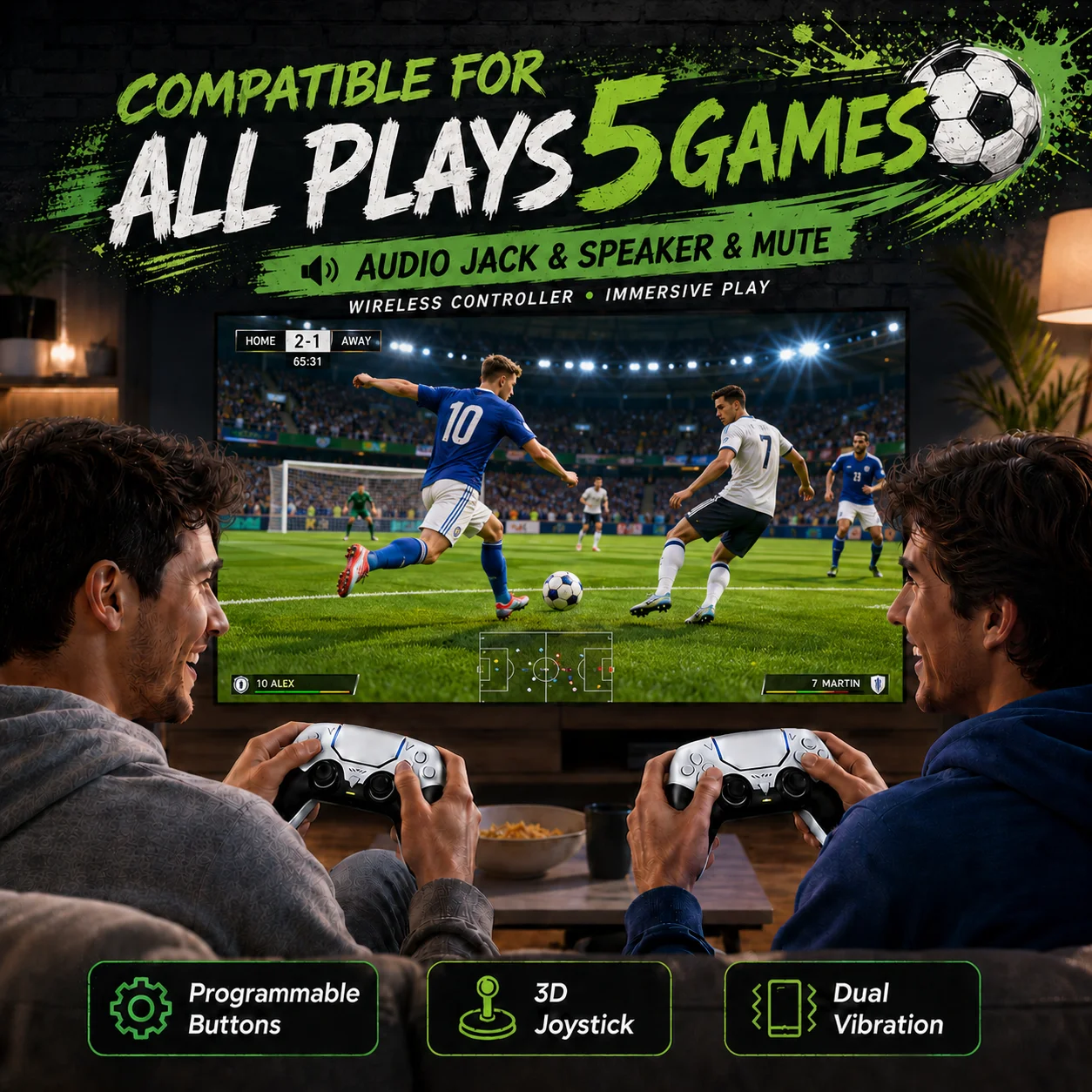 

P5 Bluetooth Gamepad Wireless Controller for Console Gaming Ergonomic Design 3D Joystick Audio Jack Built-in Speaker