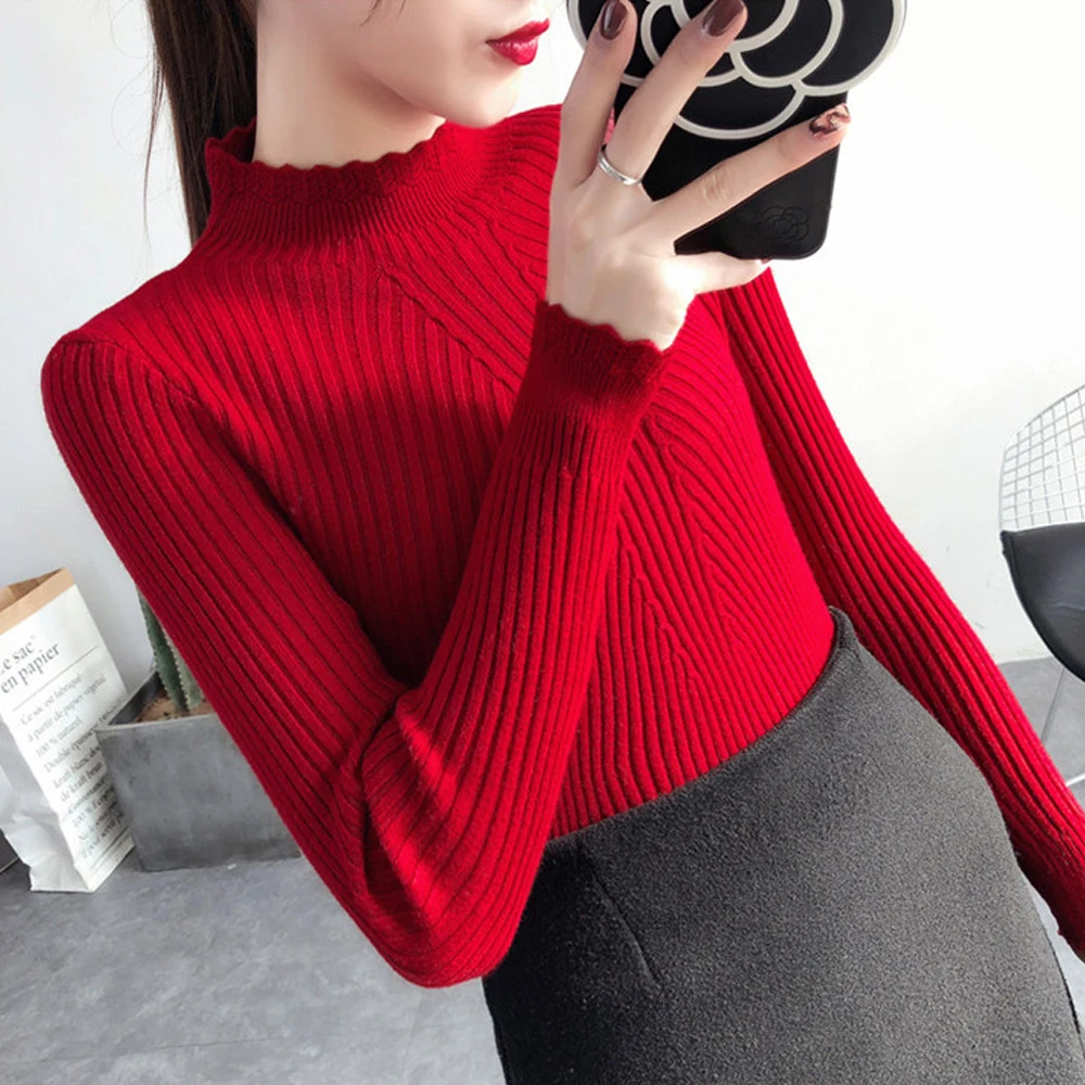 

Solid Slim Sweater T Shirt Women Black White Flower Turtleneck Girl Pullovers Female Long Sleeve Striped Warm Jumper Pull Femme