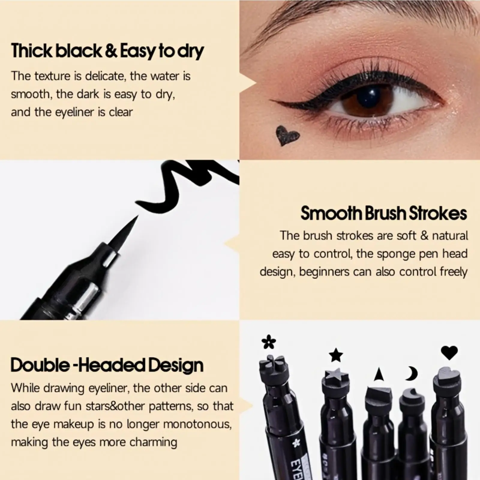 Double-head Liquid Eyeliner Pen with Stamps, Natural Finish Waterproof Quick-drying Long-lasting, Friendly Beginner Eye Beauty