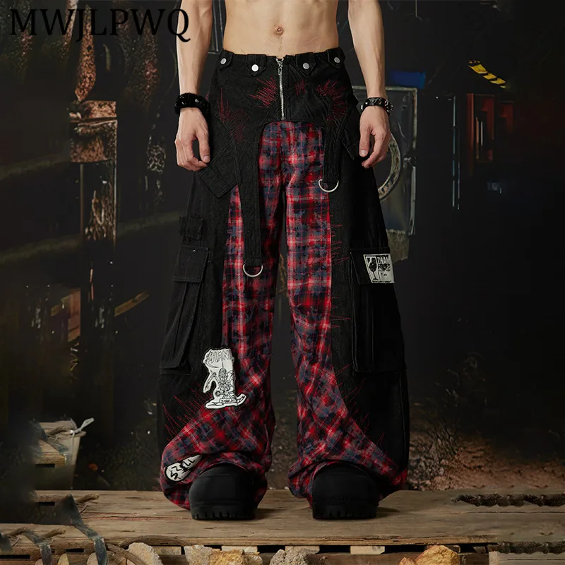 

MWJLPWQ Men's Embroidered Deconstructed Jeans New American Street Patchwork Plaid Multi-Wear Detachable Loose-Fit Trousers 13929