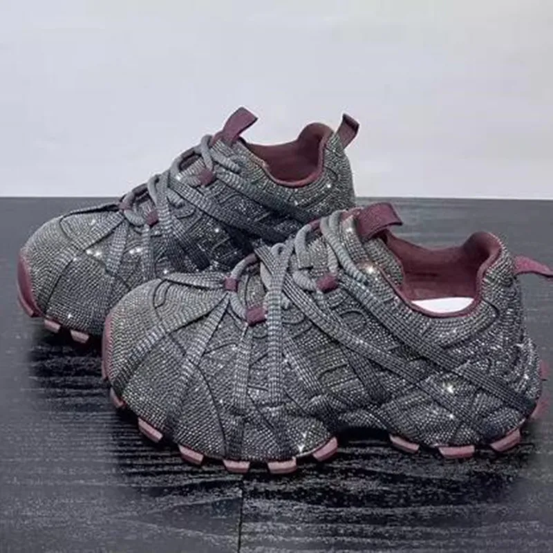 2026 New Luxury Fashionable Starry Sky Water Diamond Thick Bottom Dad Shoes Women's Strap Style Red New Large Casual Sport Shoes