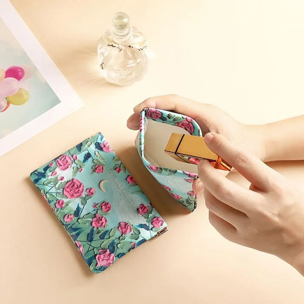 Fashion PU Lipstick Makeup Bag Automatic Closing Flower Print Mini Coin Purse Waterproof Cosmetic Organizer Pouch Travel