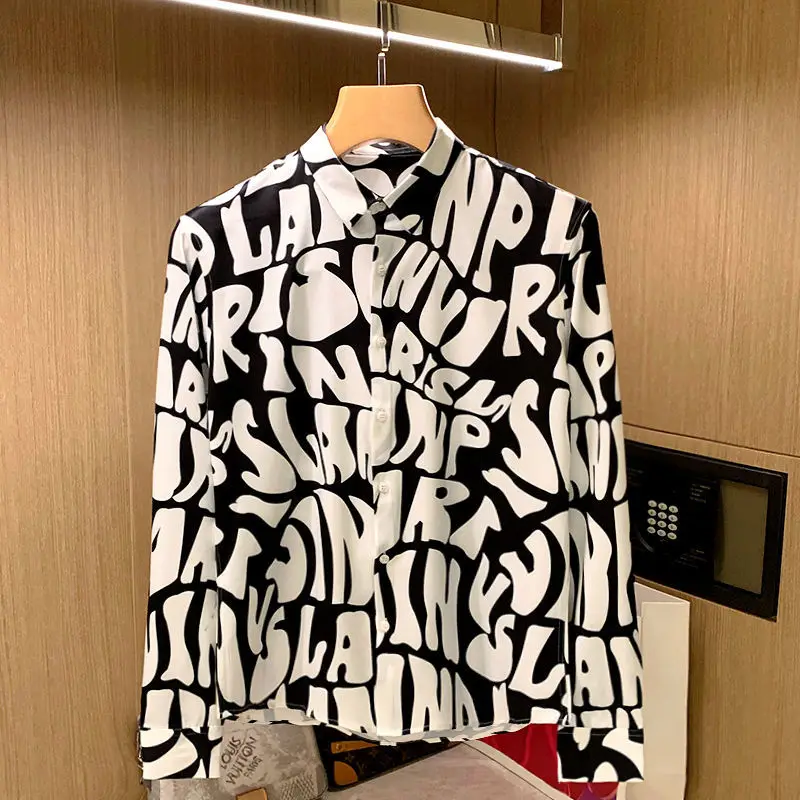 2025 Spring Summer Fashion Trend Rascal Handsome Casual Personality Fun Letter Printing Slim Fit Long Sleeve Shirt Mens Clothing
