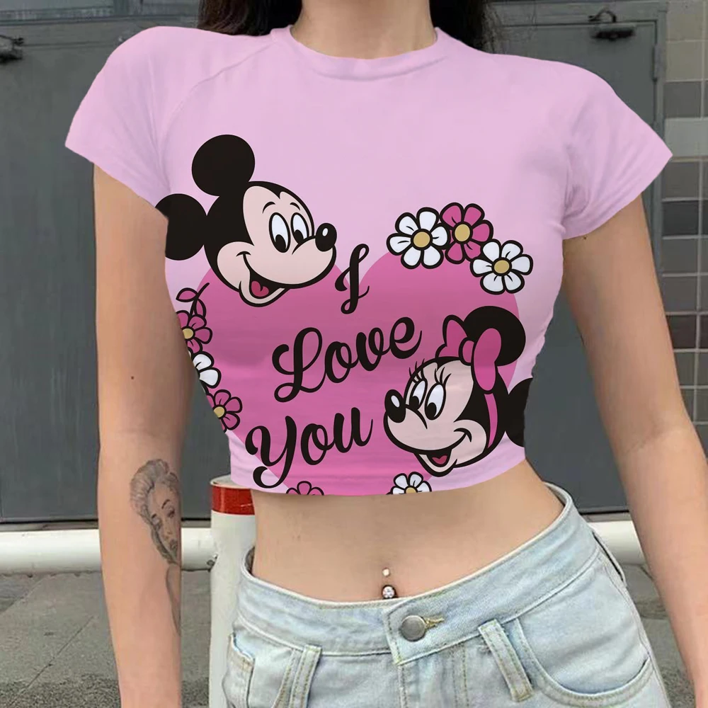 Disney lip print Mickey Mouse Minnie Harajuku Goth Vintage Slim Short Crop Top Streetwear Sexy Summer Y2K Casual Women T-Shirt