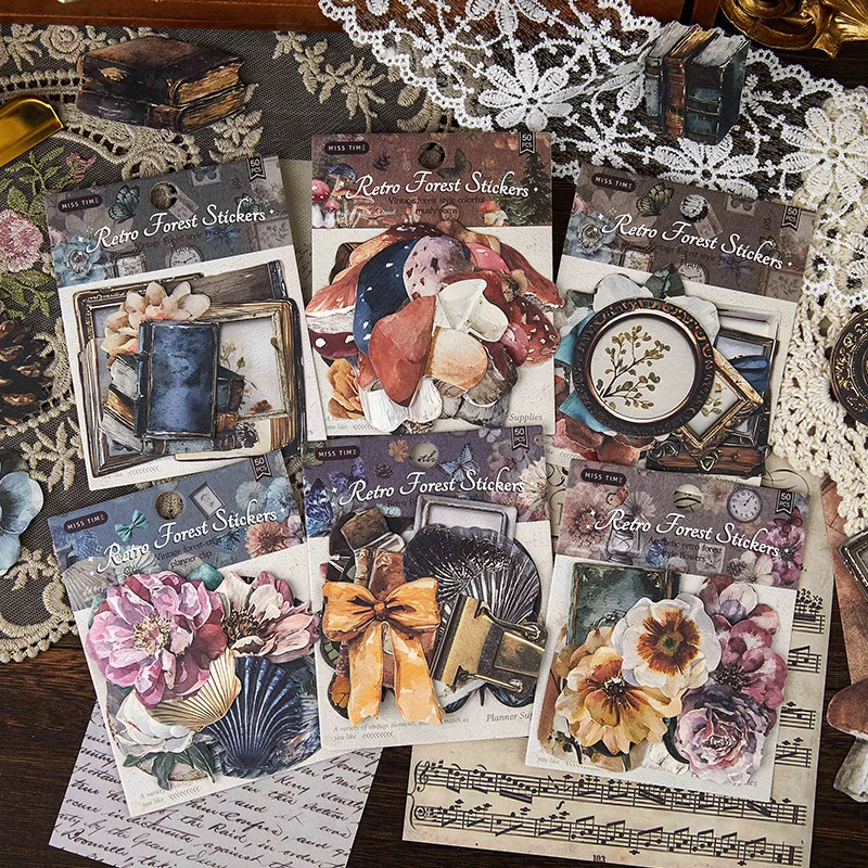 1pack/50pcs Retro Vintage Old Things Sticker Pack Assorted Antique Object Self‑Adhesive Stickers Decor Supplies