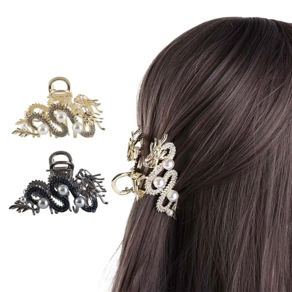 

Cute Pearl Zodiac Dragon Hair Claw Hairpin New Year Headwear Animal Hair Clip Chinese Style Grab Clip Rhinestone Shark Clip Girl