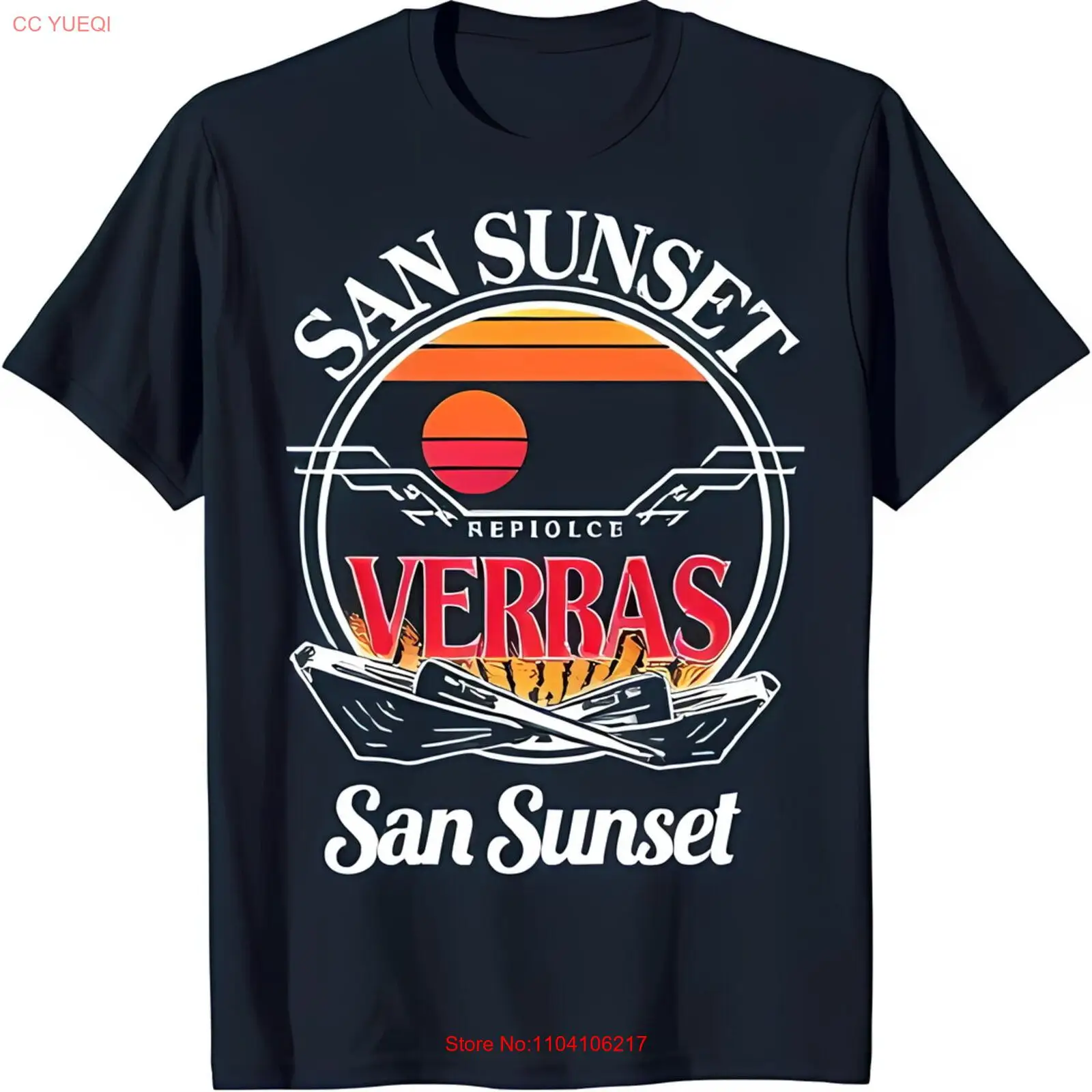 

Stylish Black T-Shirt with White Sunset Graphic and Boats 'San Sunset '