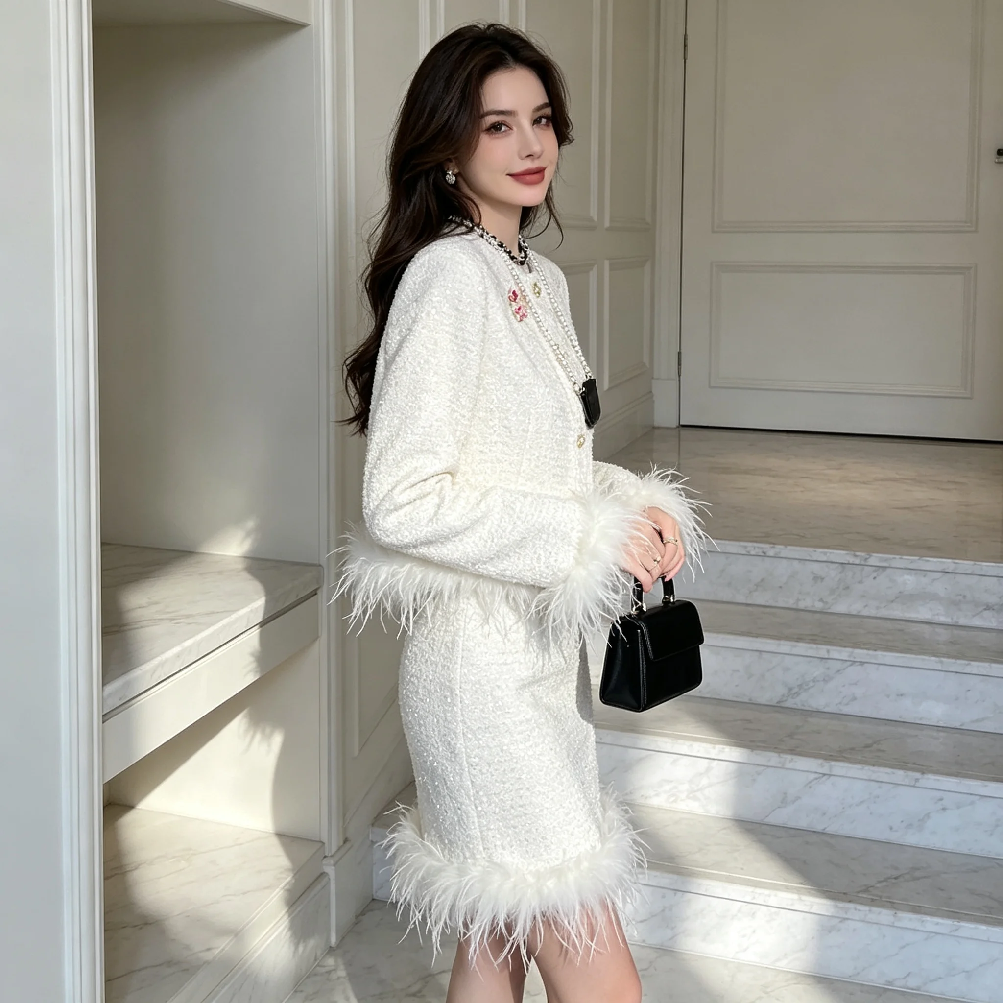 White Sequin Tweed 2 Piece Outfit Ostrich Feather Trim Cropped Jacket Midi Skirt Women Elegant Party Suit view 2