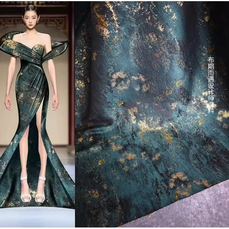 

Ink Green Retro Gold Wire Jacquard Woven Fabric for Formal Dress Horse Face Skirt Designer's Creative Apparel Diy Sewing Cloth