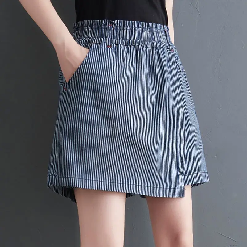 Oversized Vintage Striped Elastic Waist Shorts Women Clothing Fashion Pleated Irregular Loose Waist Pants Women's Clothing New