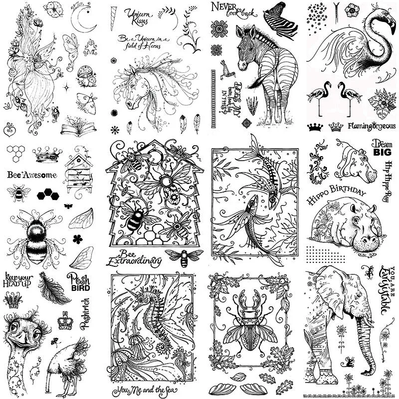 

Bee Elephant Flamingo Seahorse Clear Stamps Hippo Ostrich Zebra Animals Stamp for Scrapbooking Paper Cards Making New 2022