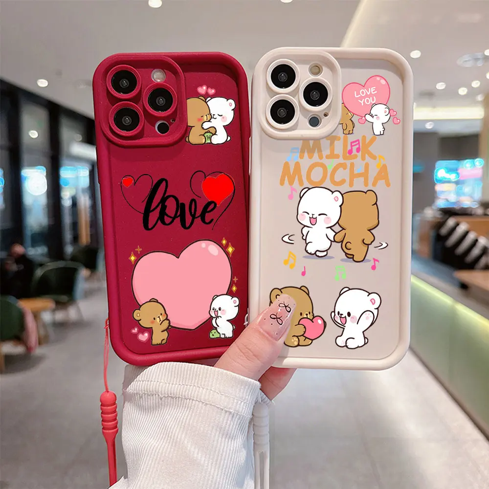 Cute Panda Cartoon Dudu Bubu Phone Case For IPhone 15 14 13 12 11 Pro Max Mini XR XS X 7 8 Plus Soft TPU Cover With Hand Strap