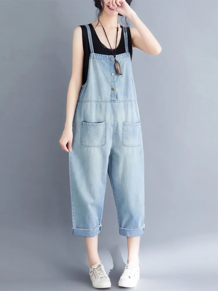 

2025 New Fashion Jumpsuit Women Jeans Rompers New Retro Big Pocket Loose Denim Overalls Fashion Large Size Wide-leg Pants