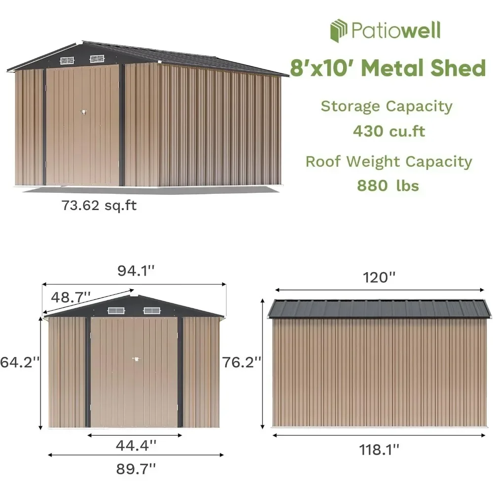 8x10 FT Outdoor Storage Shed, Large Garden Tool Metal Shed with Sloping Roof and Double Lockable Door, Outdoor Shed, Brown