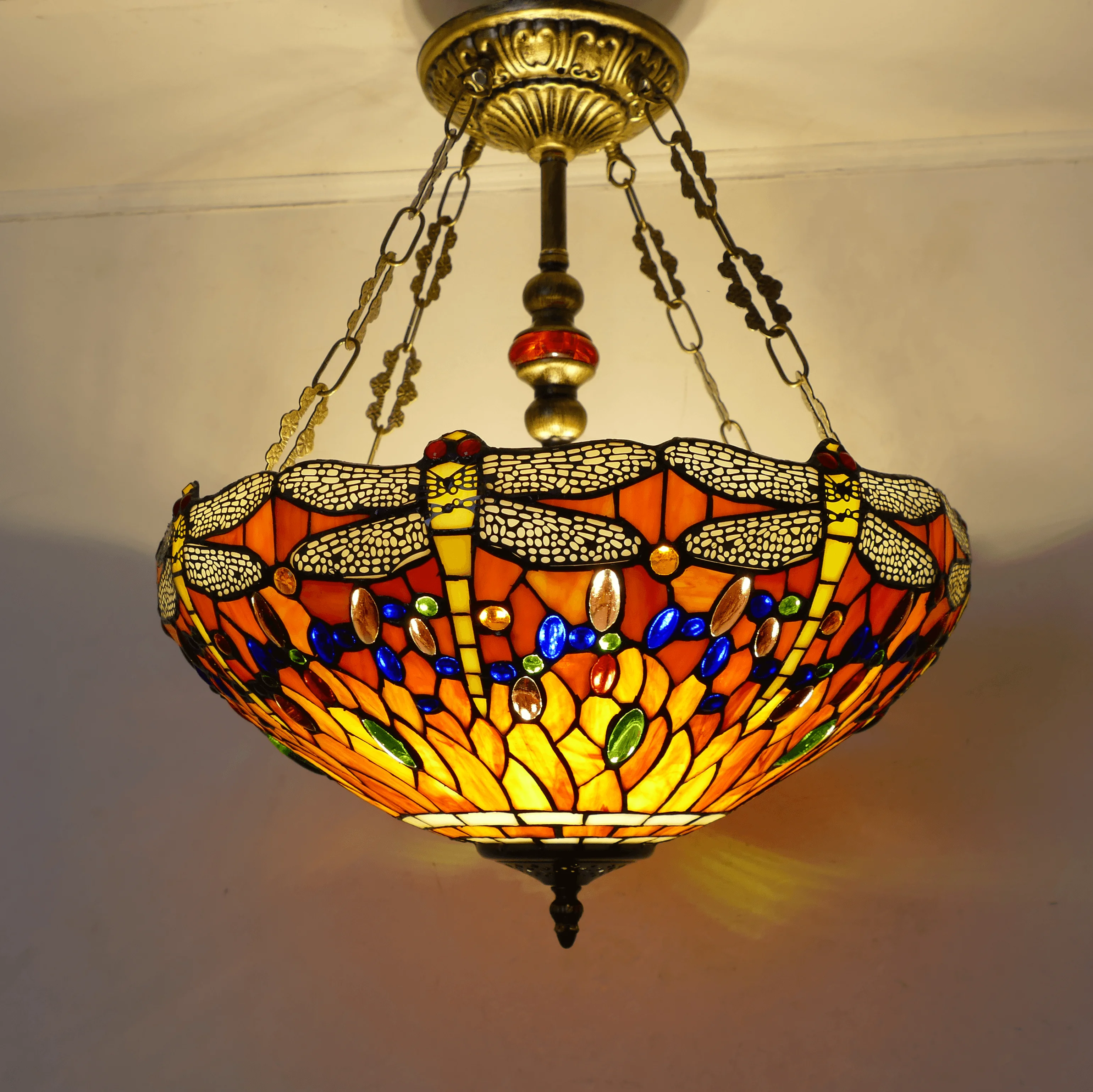 American Classic 18-Inch Dragonfly  Stained Glass Pendant Lamp Vintage Style for Restaurant Bar Club or Bedroom