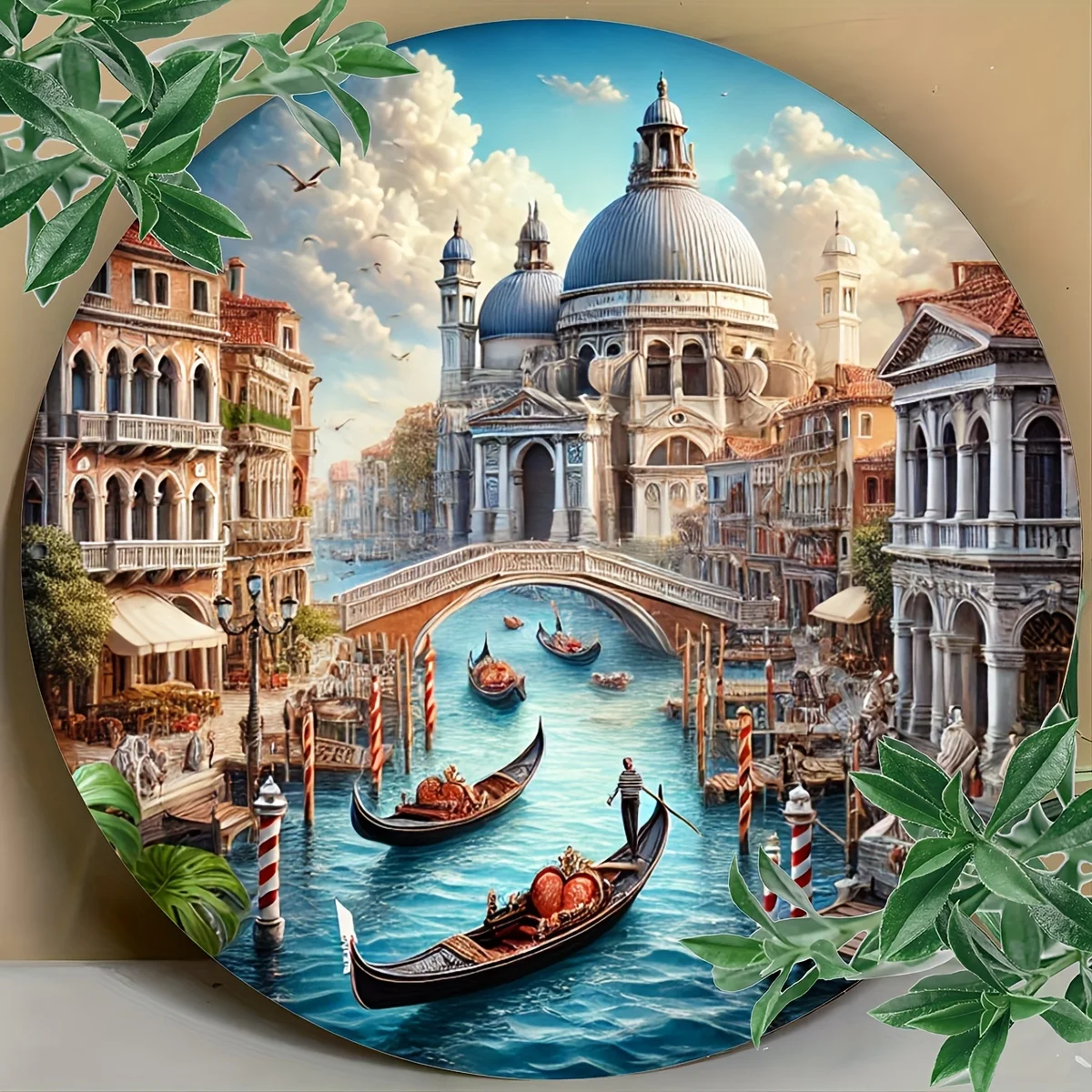 Arte de pared redondo de aluminio con escena del canal de Venecia – Letrero de hierro de 8x8 con horizonte subacuático, edificios de estilo gótico y agua serena