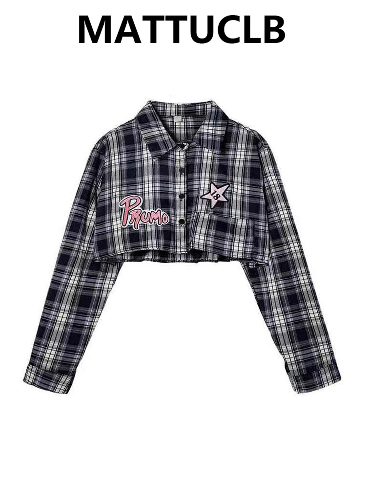 

Women's Plaid Crop Top Long Sleeve American Retro Shirts Y2k Korean Fashion High Street 2000s Blouse Gyaru Design Aesthetic New