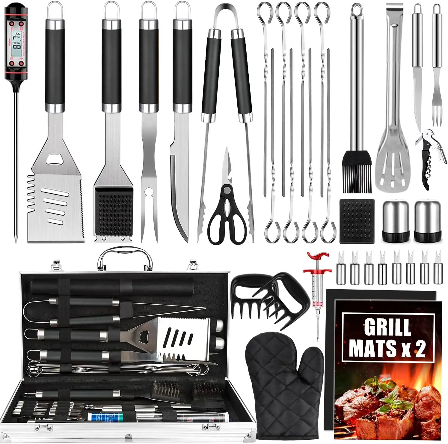 

38Pcs BBQ Grill Tools Set with Aluminum Case, Stainless Steel, Thermometer & Mats for Camping Backyard