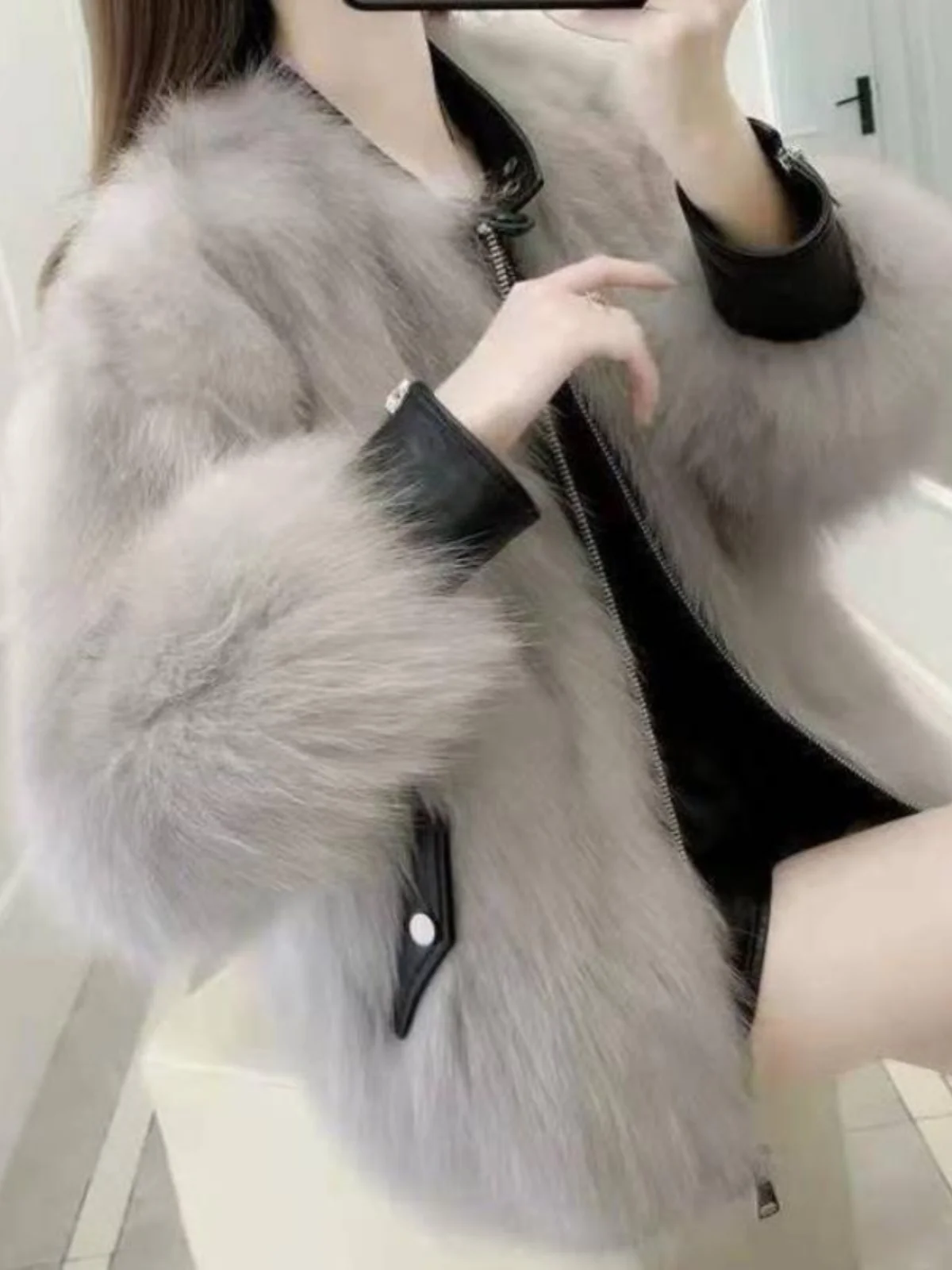 

Trendy ort Fem Fur Coat PU Leather Splicing Winter New Sle Korean Version Haining Coat Casual Warm Boring Free