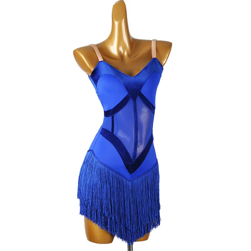 V Neck Thin Strap Geometric Mesh Splicing V Shape Fringe Fitted Dance Dress For Latin Dance Competition Stage Performance