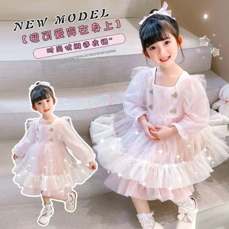 2024 New Princess Dress Girls Dress autunno Kids Clothes Birthday Dress Party a maniche lunghe per bambini Cake Dress gonna Flower