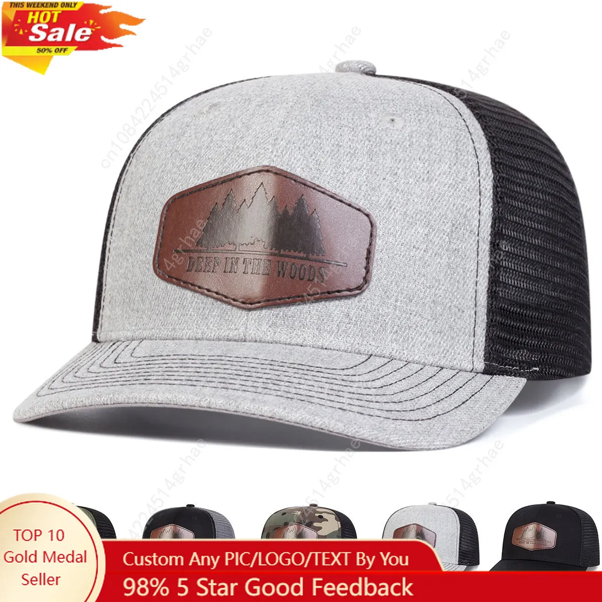 Unisex DEEP IN THE WOODS Leather Label Baseball Net Caps Spring and Summer Outdoor Adjustable Casual Hats Sunscreen Hat
