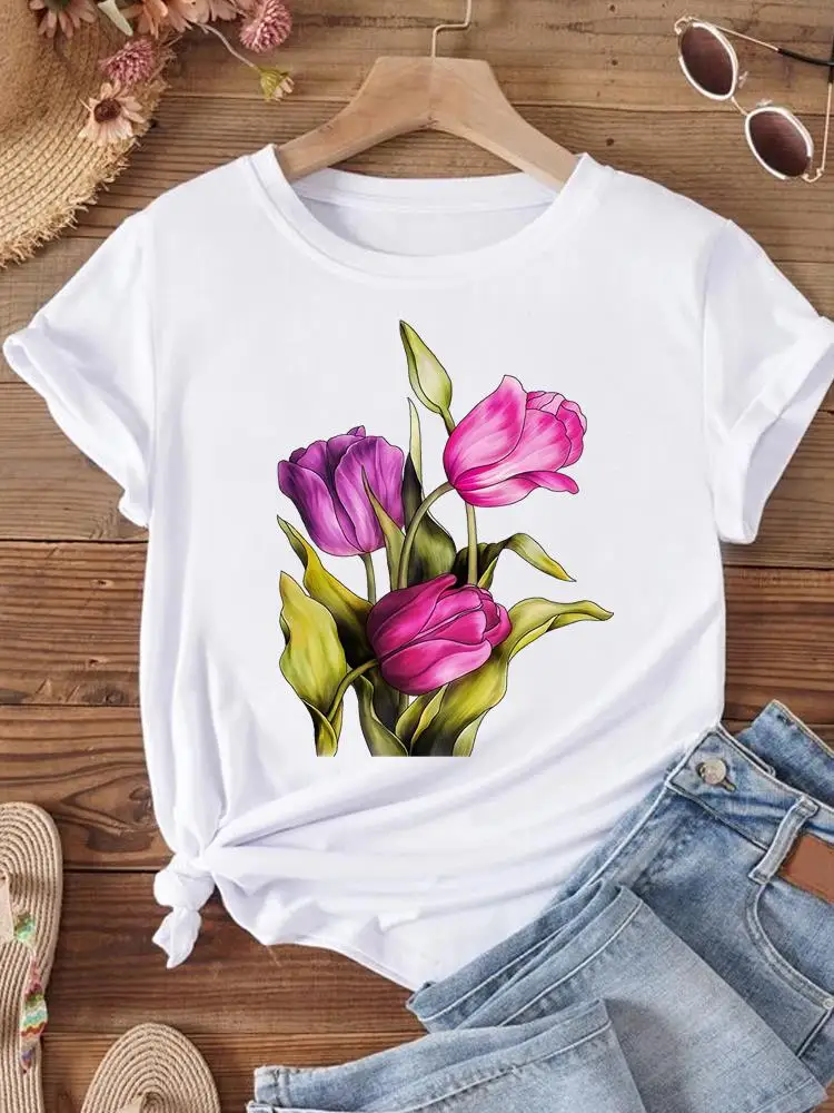 

Trend Floral Flower Graphic T-shirts Casual Fashion O-neck Short Sleeve T Shirt Clothing For Women Print Tee Top Woman Clothes