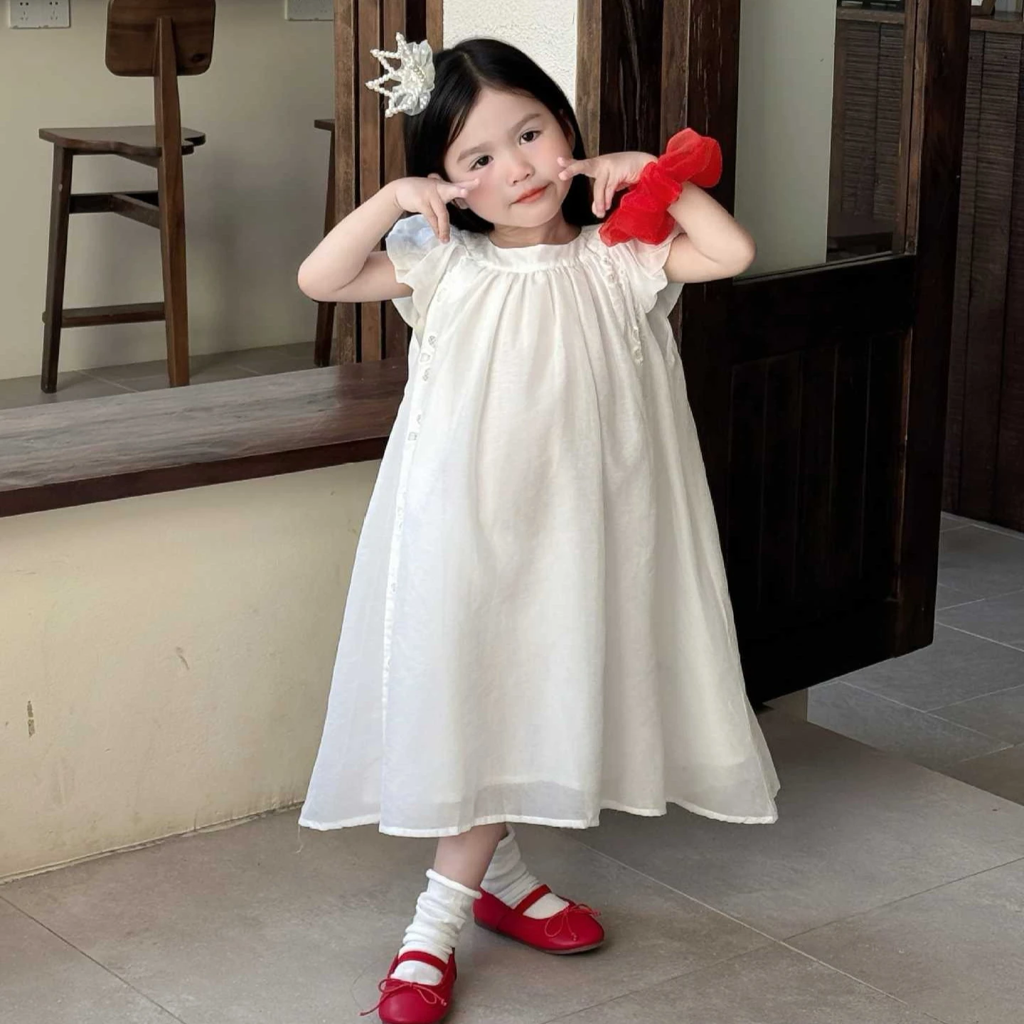 

Girls Dress 2026 Spring and Summer New Children's Clothing Korean Style Girl Baby Sweet Flying Sleeve Embroidery Hollow Dress