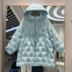 Korean Embroidery Mid-length Women Down Jacket Casual Loose Drawstring Waist Stand Collar Hooded Winter Parkas Snowwear Outwear