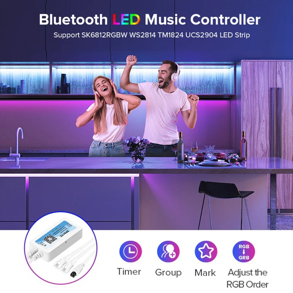 H-W SP617E SK6812 RGBW Bluetooth Музыкальный контроллер Встроенный микрофон Контроллер светодиодной ленты WS2814 TM1824 DC5V-24