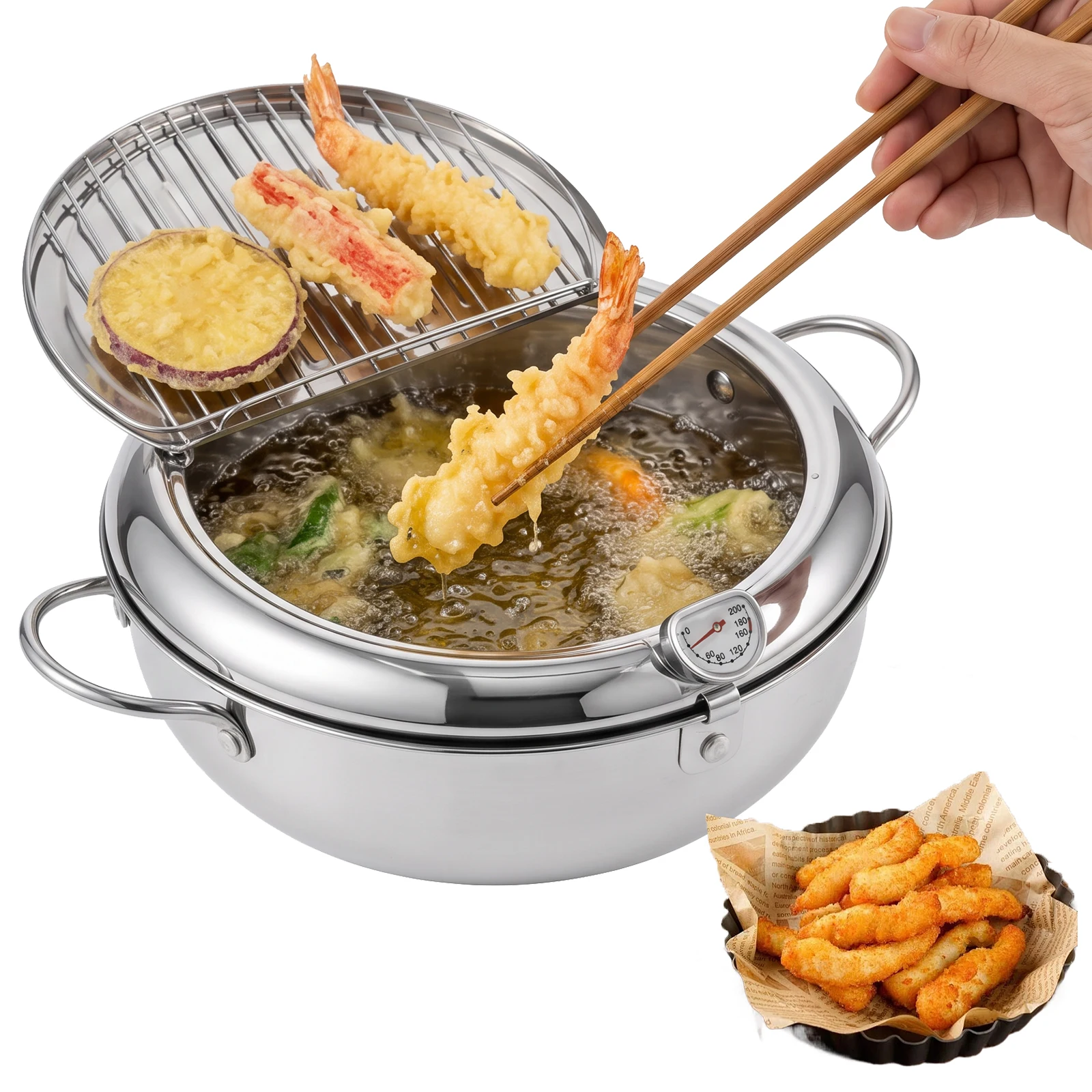 Stainless Steel Deep Fryer Pot Splash Proof Tempura Frying Pot Large Capacity Fish Shrimp Fryer Pot Removable Oil Draining Rack