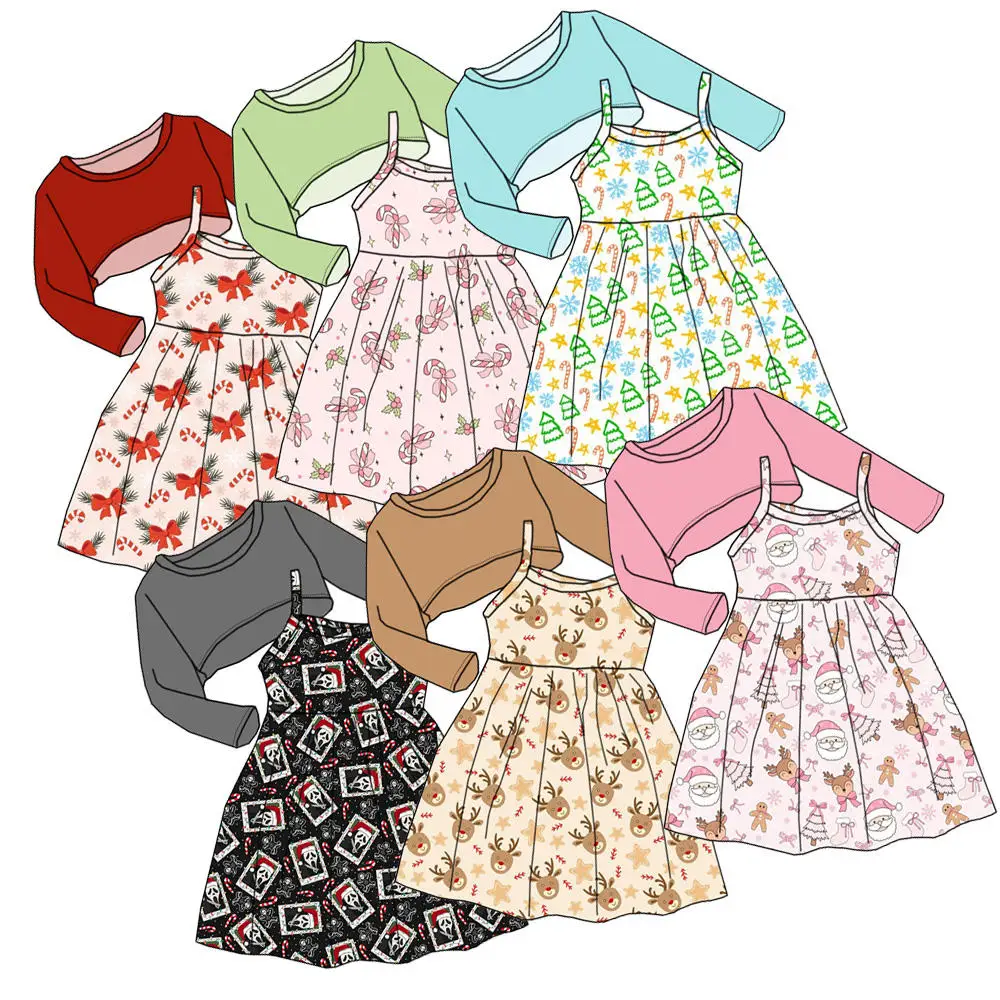 

kids round neck short fitted long-sleeved top paired with a suspender skirt cute and fashionable custom-made wholesale for girls