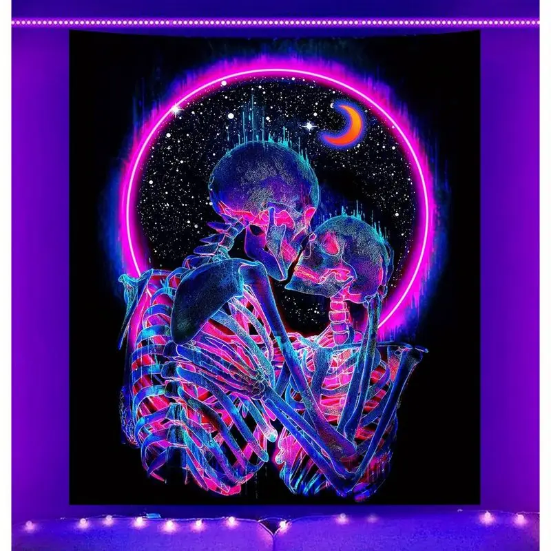 VIKAMA Neon Kissing Skeletons Starry Moon Tapestry Blacklight Gothic Love Dark Wall Hanging Bedroom Dorm Aesthetic Wall Art