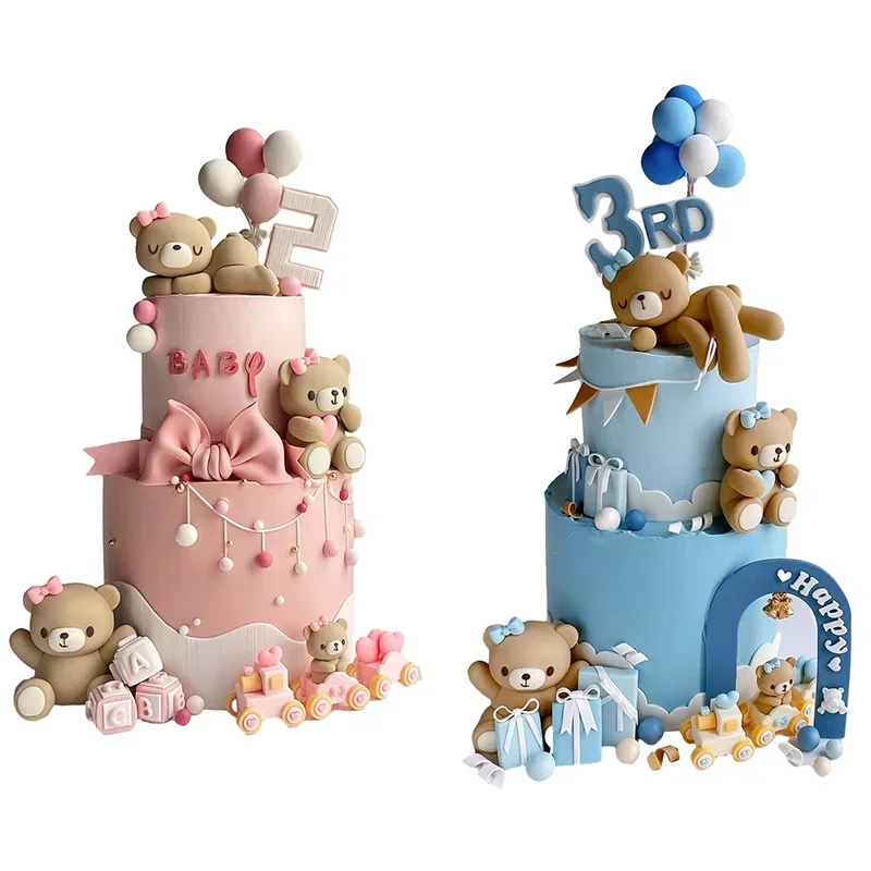 3D Teddy Theme Bear Cake Toppers Baby Shower Bear decorazioni Boy Girl Birthday Cake Decoration for Gender Reveal regali carini