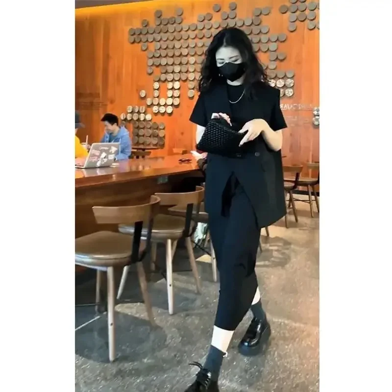 New Retro Summer Office Lady Dress Set Women Elegant Sleeveless Tank Blazer + High Waist Short Sleeve Midi Dresses Women's Suit