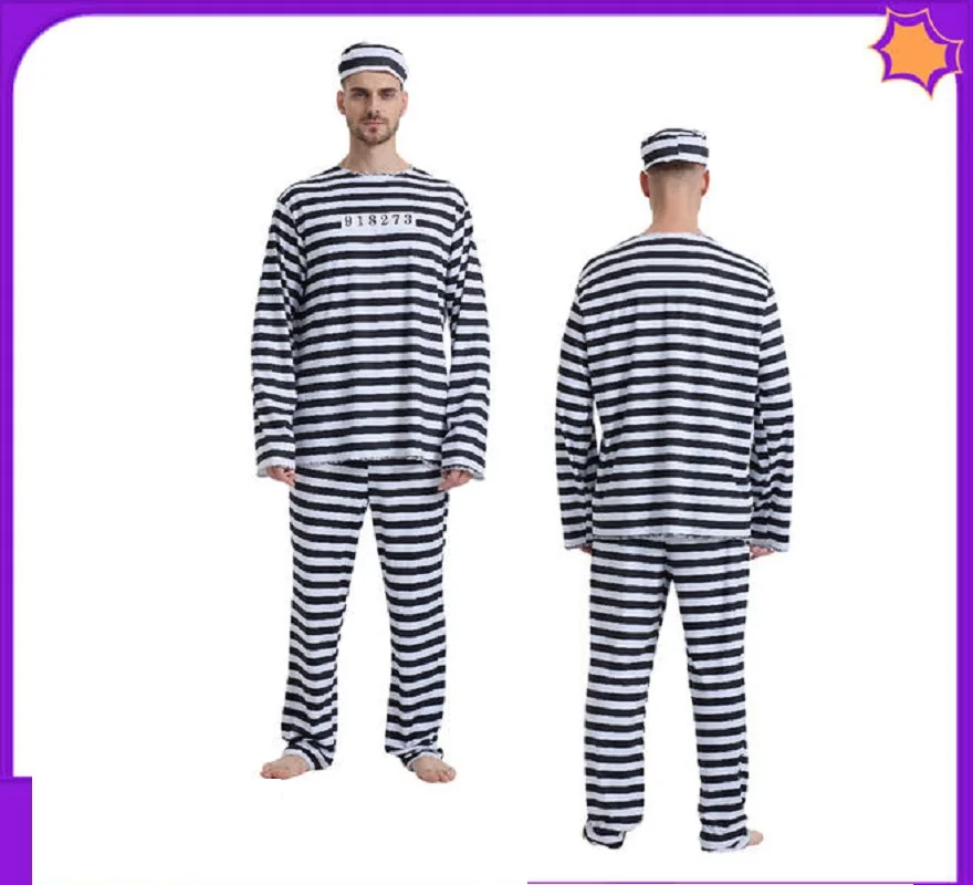 Disfraz de Prisionero para Adultos para Halloween, Actuaciones en Escenario, Conjunto de Camisa de Manga Larga a Rayas, Pantalones Largos y Sombrero, Disfraz de Cosplay de Prisionero