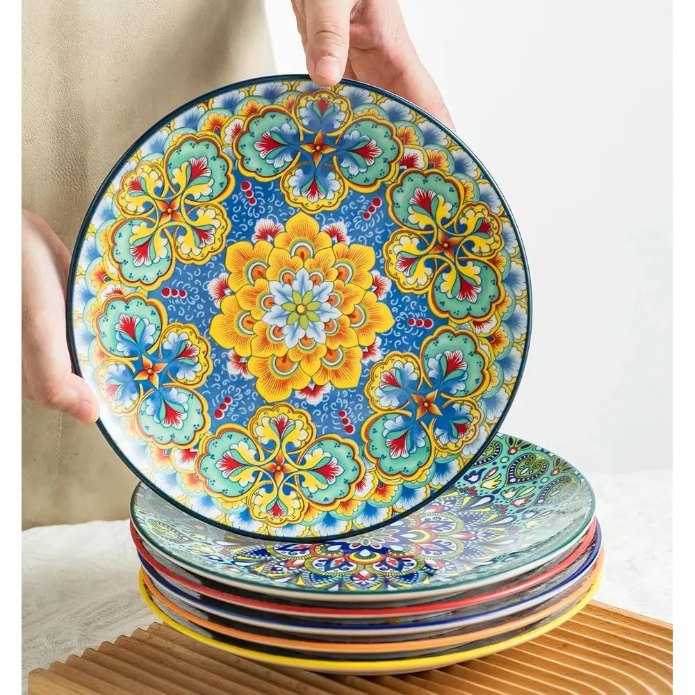 

Ceramic Dinner Plates, 8.5 Inch Small Salad Dessert Plate Set of 6, Colorful Bohemian Plates for Appetizers, Snacks, Fruit, Smal