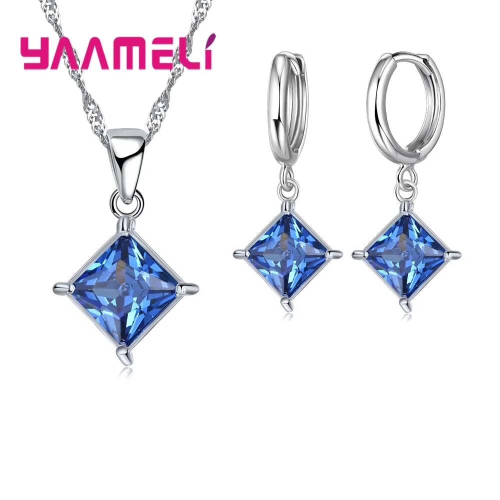 

New Big Promotion 925 Sterling Silver Shiny Square Zircons Pendant Necklace And Earrings Jewlery Sets For Wholesale