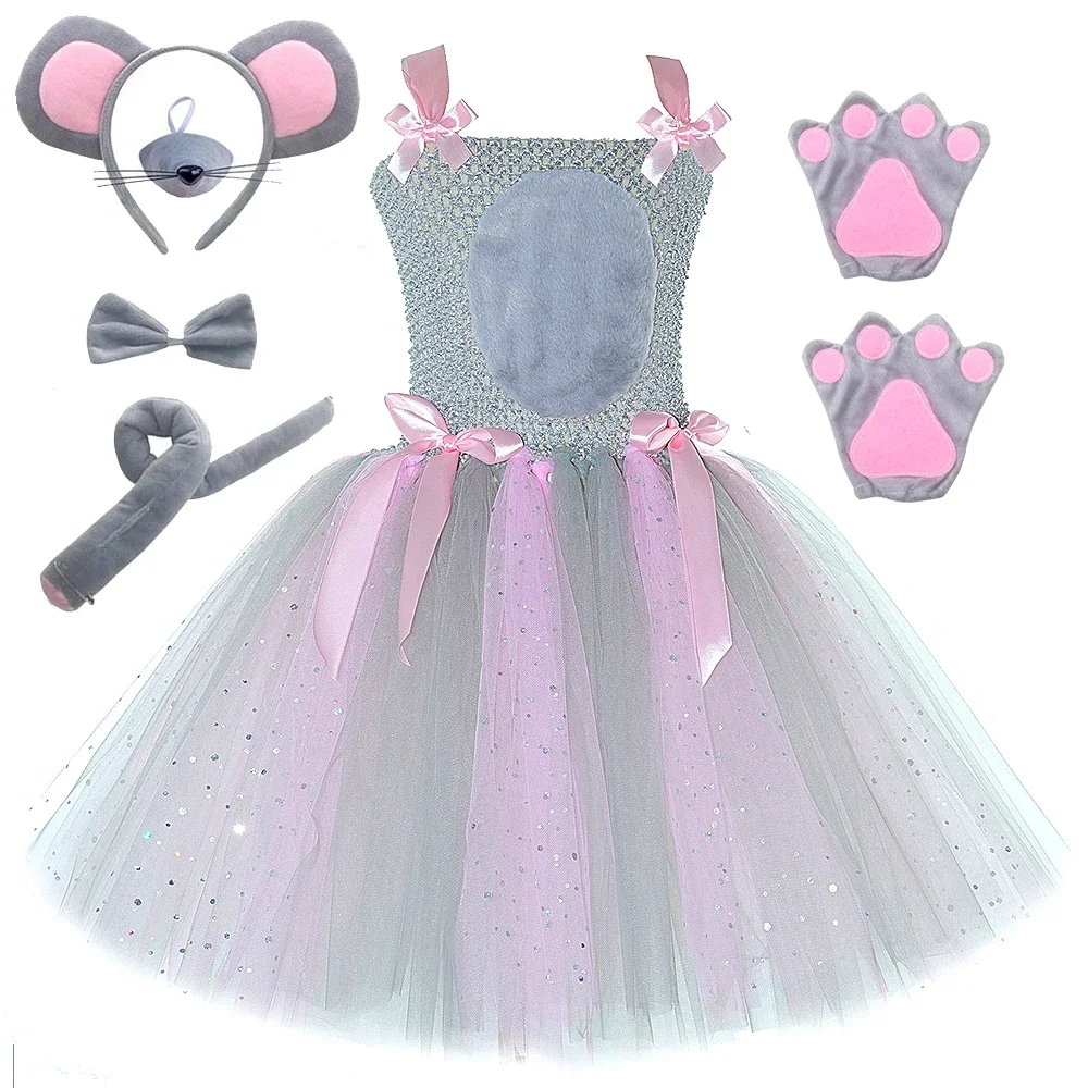 

Sparkly Pink Grey Mouse Costumes for Baby Girls Gray Rat Tutu Dress for Animal Halloween Outfits Children Birthday Clothes