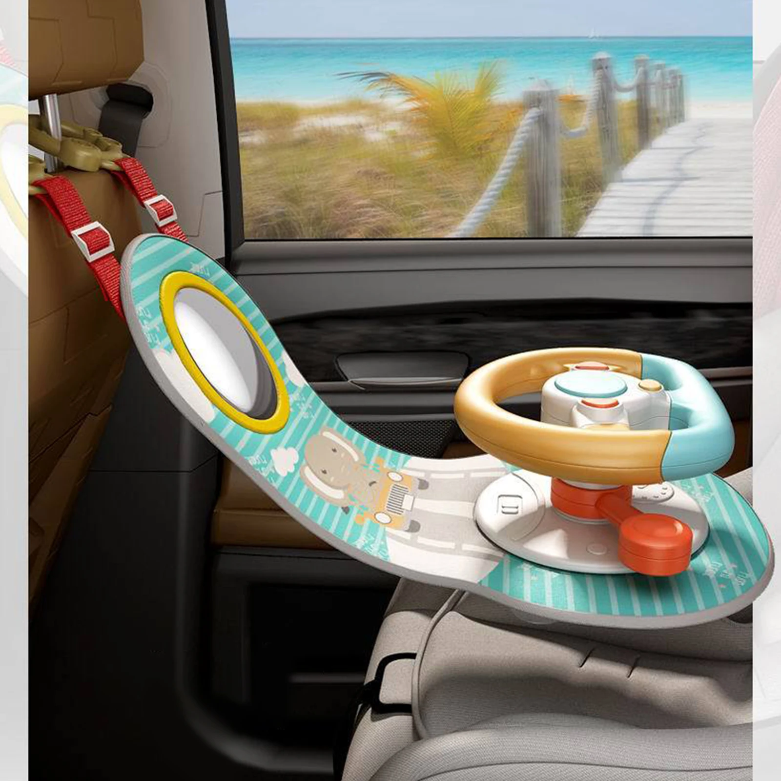 Baby Car Steering Wheel Toy Adjustable with Mirror 360 Degree Rotatable Gear Simulation Driving for Car Back Seat Boys Girls