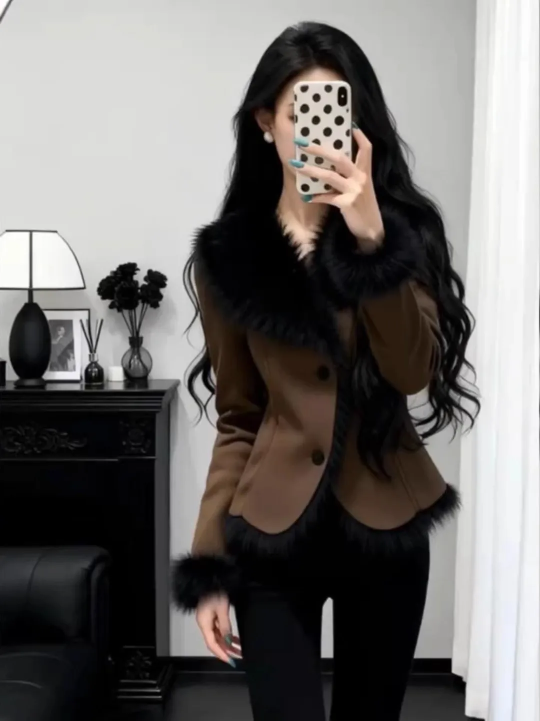 

Leather And Fur Coat Women's ort Thiened Autumn Winter Faion Waist-Cinching Korean Sle Small Fraance Sle