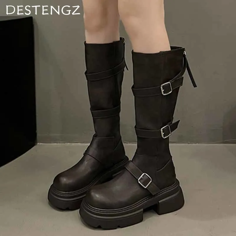 Platform Women High Boots Chunky Fashion Designer Mid Heels Leather Shoes 2024 Winter Brand Eleglant Dress Chelsea Botas Mujer