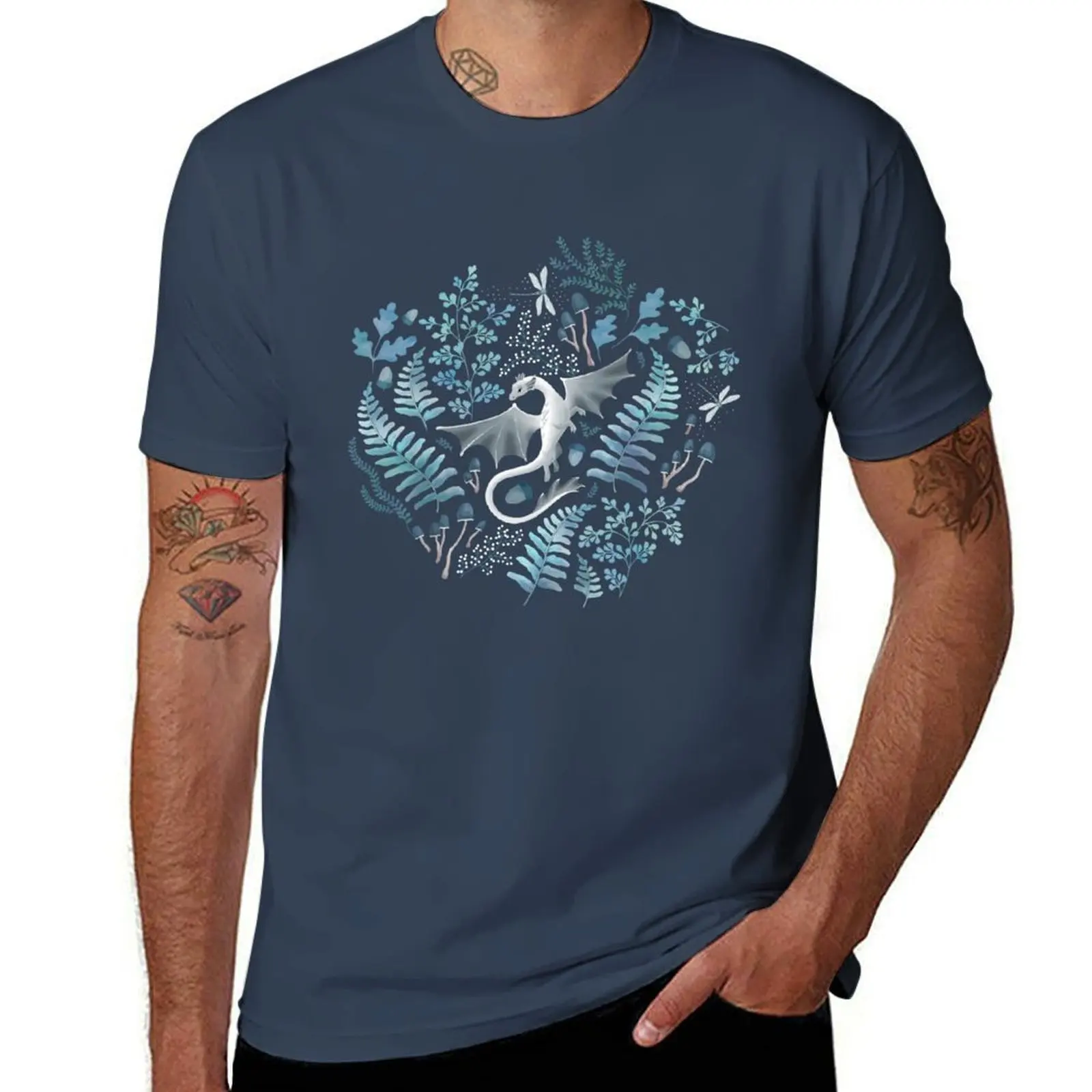 Forest dragons in shades of blue and green on navy blue T-Shirt anime tshirt sublime oversized t shirt men